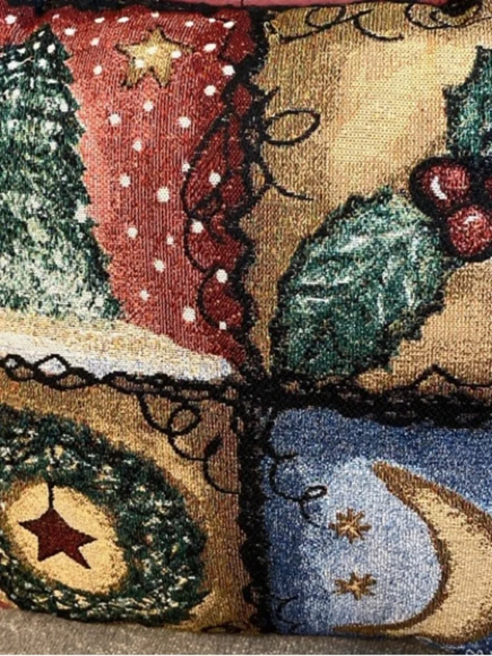 Vintage Christmas Tapestry Pillow Tree Wreath Moon Holly